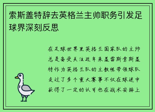 索斯盖特辞去英格兰主帅职务引发足球界深刻反思