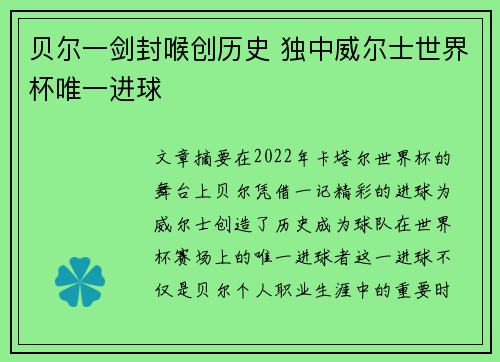 贝尔一剑封喉创历史 独中威尔士世界杯唯一进球